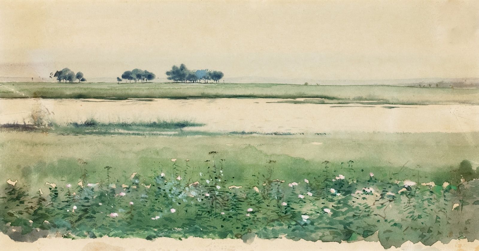 Aquarell einer Wiese mit Wildblumen in zarten Farben